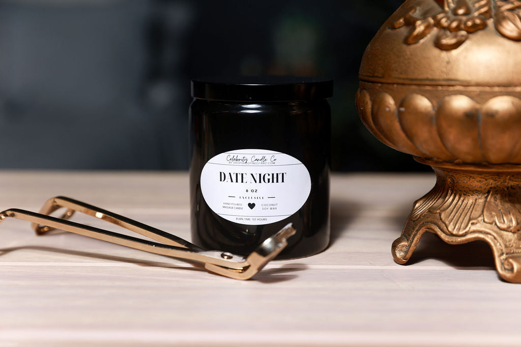 Image of a black candle with a white label that reads "Date Night"